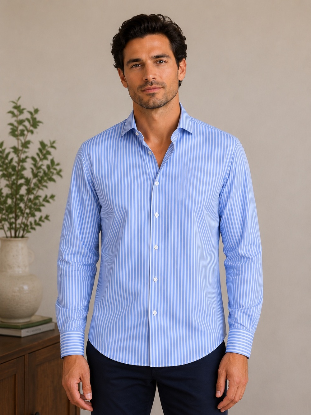 Calvin Klein Men’s Blue & White Striped Long Sleeve Shirt Size L